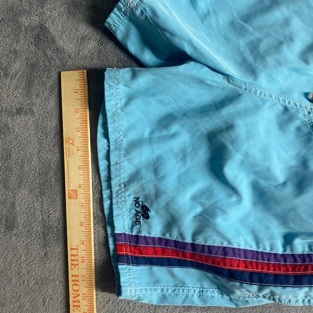 No Age Swim Trunks Mens XL Light Blue Striped Board Shorts Retro Mesh Lined